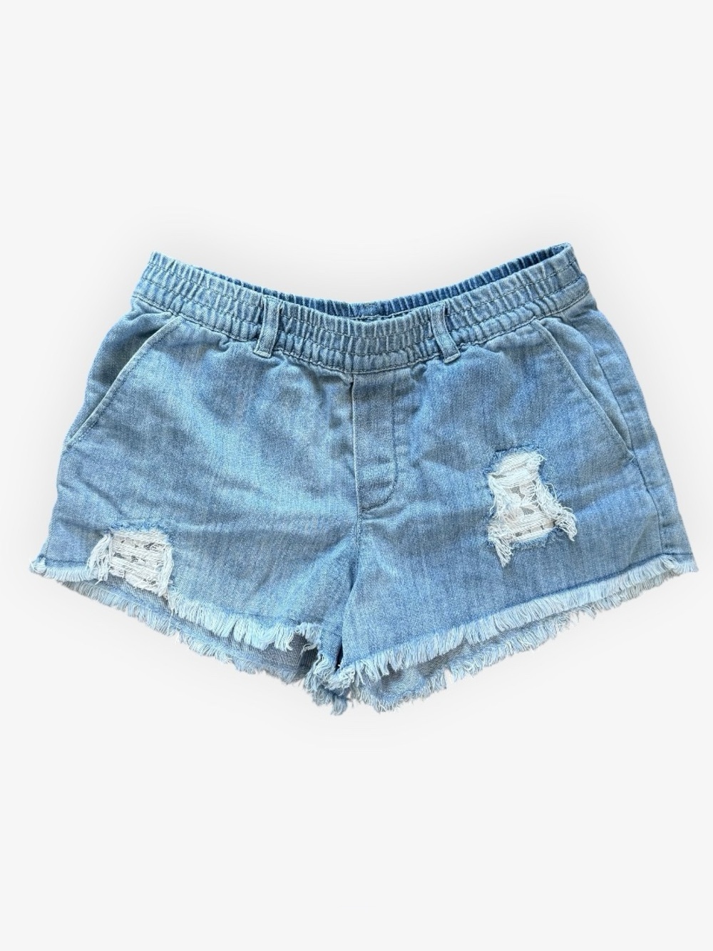 Aerie High Rise Destructed Denim Shorts Light Wash Frayed Festival Lace Size XS